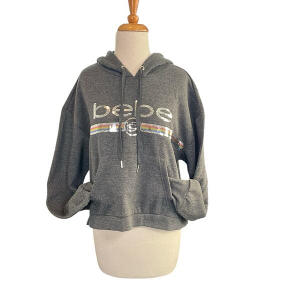 Bebe Women's Sequin Logo Hoodie Charcoal BP2350B Large NWT Thumbholes Kangaroo P - Picture 5 of 11